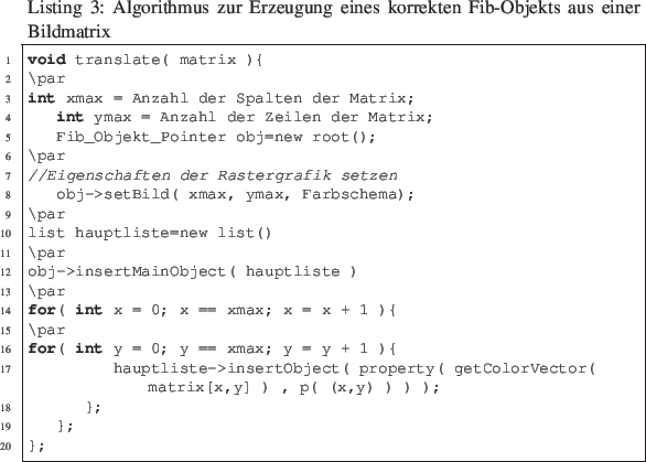 \begin{lstlisting}[language=C, numbers=left, frame=single, caption={Algorithmus ...
...rty( getColorVector( matrix[x,y] ) , p( (x,y) ) ) );
};
};
};
\end{lstlisting}