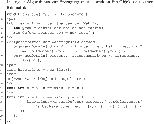 \begin{lstlisting}[language=C, numbers=left, frame=single, caption={Algorithmus ...
...farbschema.type, matrix[x,y] ) , p( (x,y) ) ) );
};
};
};
\end{lstlisting}