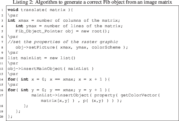 \begin{lstlisting}[language=C, numbers=left, frame=single, caption={Algorithm to...
...rty( getColorVector( matrix[x,y] ) , p( (x,y) ) ) );
};
};
};
\end{lstlisting}